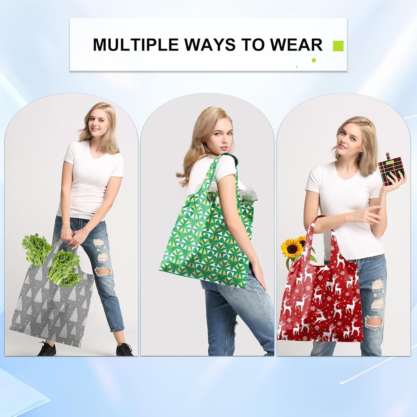 BeeGreen Christmas Reusable Gift Bags,6 Pack Large Holiday Tote Foldable Cloth Bag for Women, Cute Grocery Storage for Xmas Gifts Market Shopping, Washable Collapsible Reusable Bags with Handles​