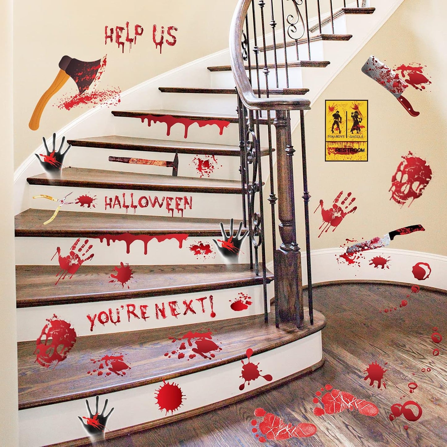 84Pcs Halloween Decorations Handprint Footprint Stickers Clings Decals Window Bathroom Floor Restroom Zombie Decorations Halloween Party Decor,8 Sheets