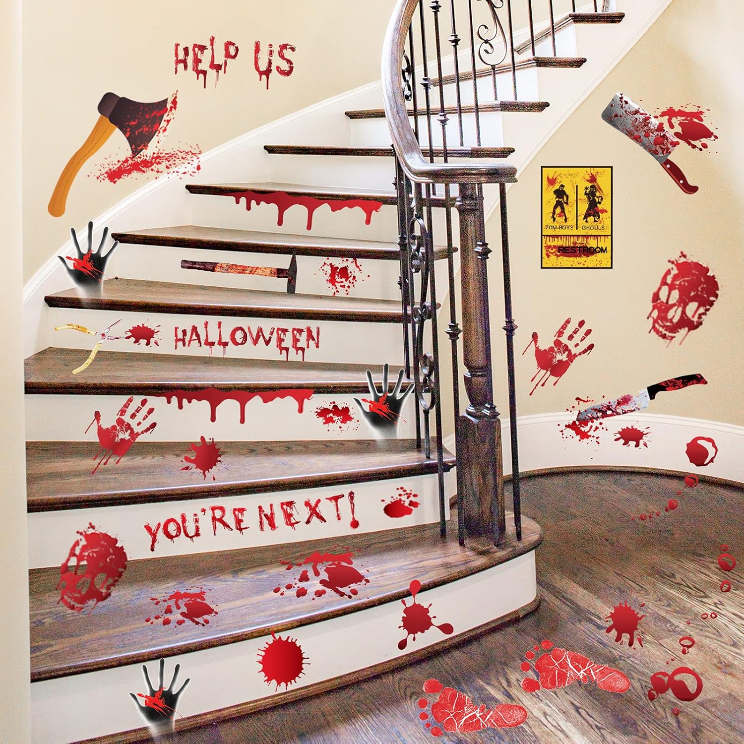 84Pcs Halloween Decorations Handprint Footprint Stickers Clings Decals Window Bathroom Floor Restroom Zombie Decorations Halloween Party Decor,8 Sheets