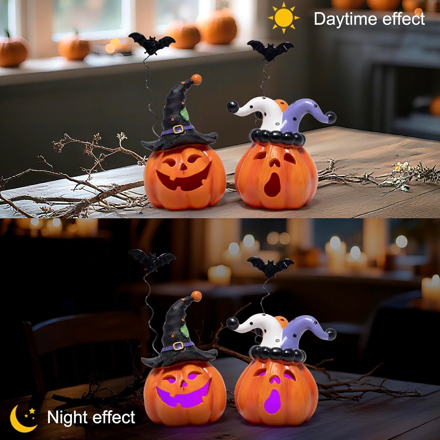 Hodao Halloween Pumpkin Decor Indoor, Resin Halloween Figurines with Light, Jack O Lantern Decorations with Witch Hat & Flying Bat for Home Bedroom Table Office Party Gift - 2 Pcs