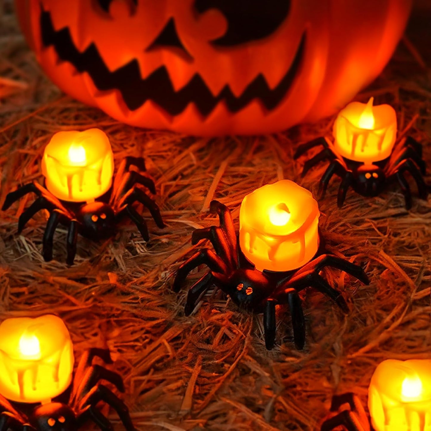 Dazzle Bright 12 Pack Halloween Spider Tea Lights Candles, Battery Operated LED Flameless Spider Candles Holder Lights, Spooky Halloween Decorations for Party Table Home Decor
