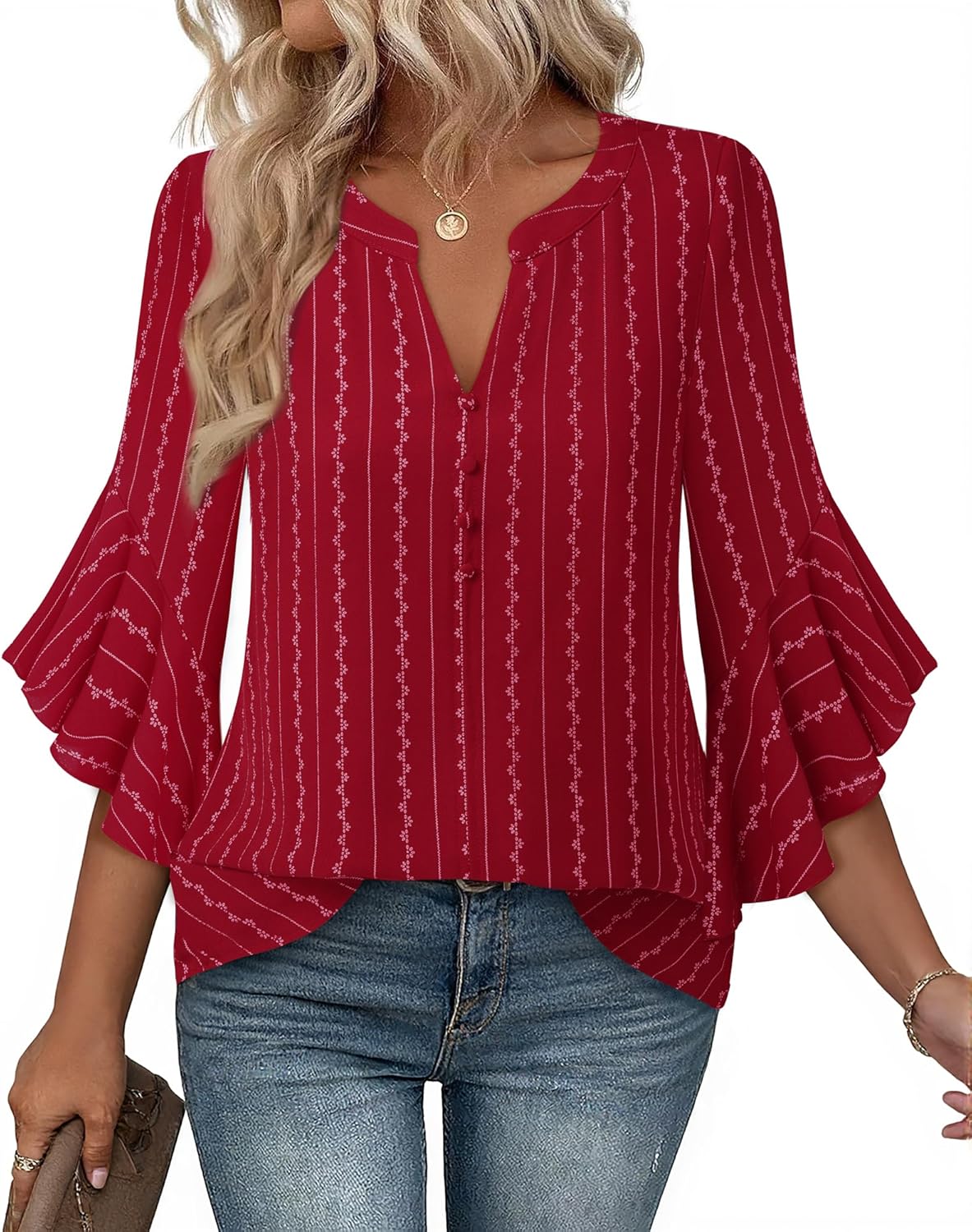 Bebonnie Womens Tops Dressy Casual Ruffle 3/4 Sleeve Henley V Neck Chiffon Blouses with Buttons