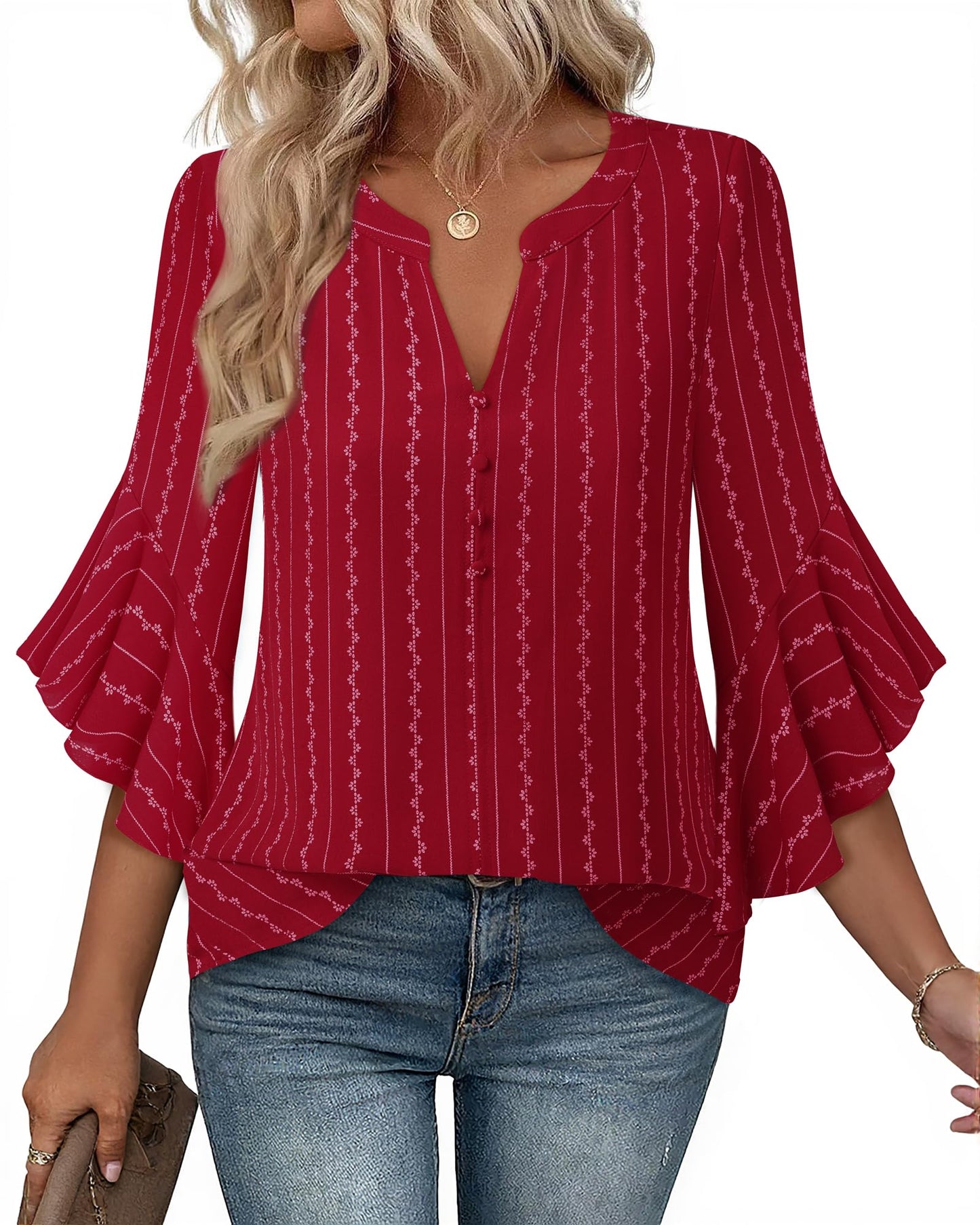 Bebonnie Womens Tops Dressy Casual Ruffle 3/4 Sleeve Henley V Neck Chiffon Blouses with Buttons
