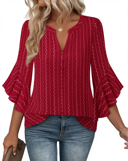 Bebonnie Womens Tops Dressy Casual Ruffle 3/4 Sleeve Henley V Neck Chiffon Blouses with Buttons