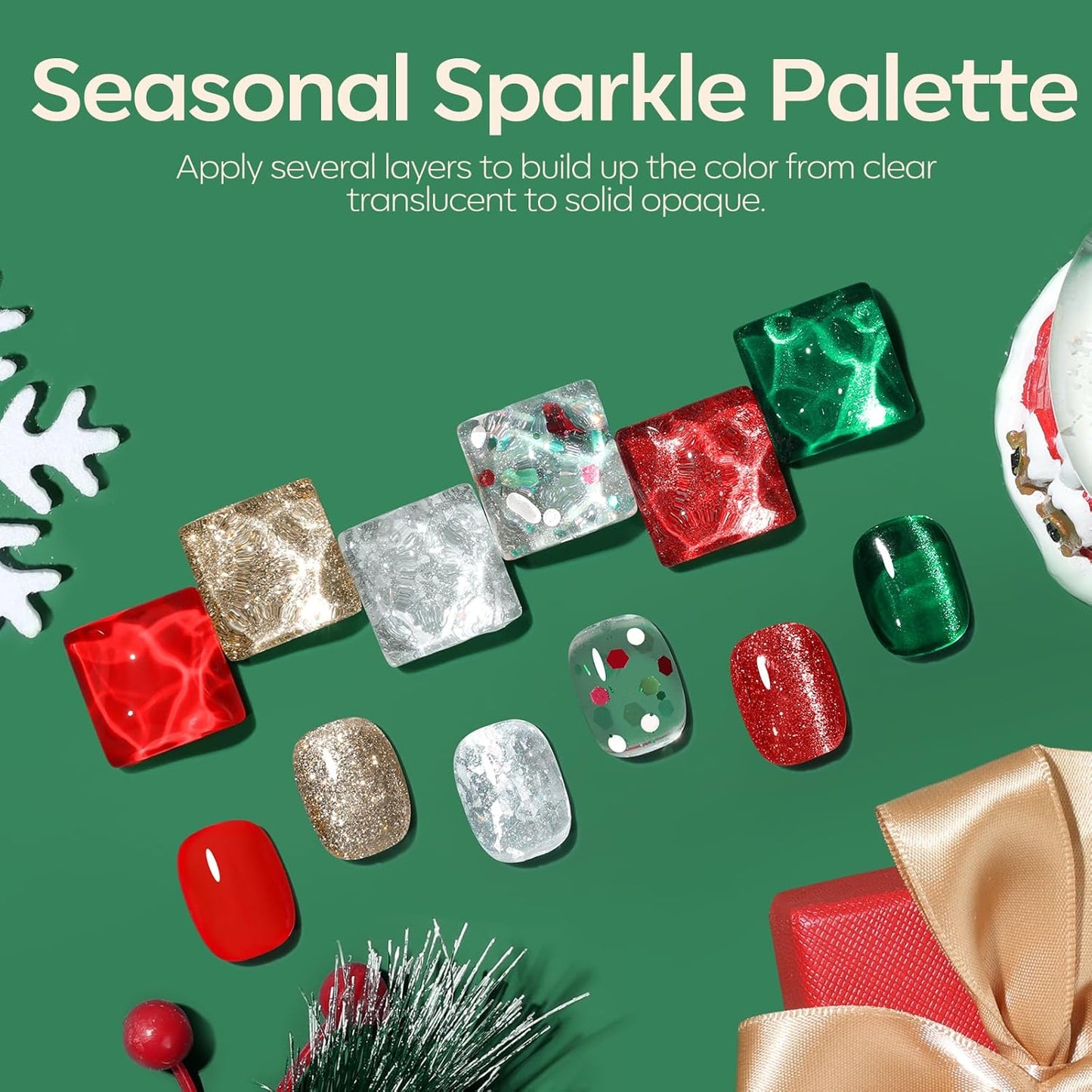 modelones Christmas Gel Nail Polish Set, 6 Colors Cat Eye Red Green Glitter Gold Silver Winter Gel Polish Kit with Magnet Nail Stickers Soak Off Led Nail Art Manicure Salon DIY New Year Holiday Gifts