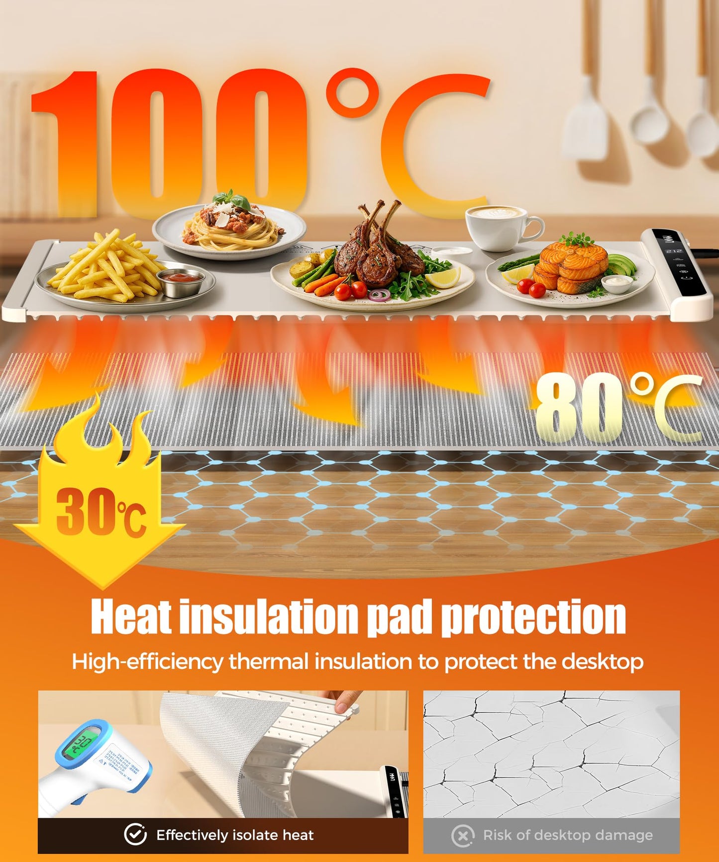 Food Warming Mat with Heat-Resistant Pad, 26X15 Inch, 6 Temperature & 6 Timer Settings, Child Lock Safety,Food Warmer Chafing Dishes for Buffet,Gatherings,Parties,Everyday Use