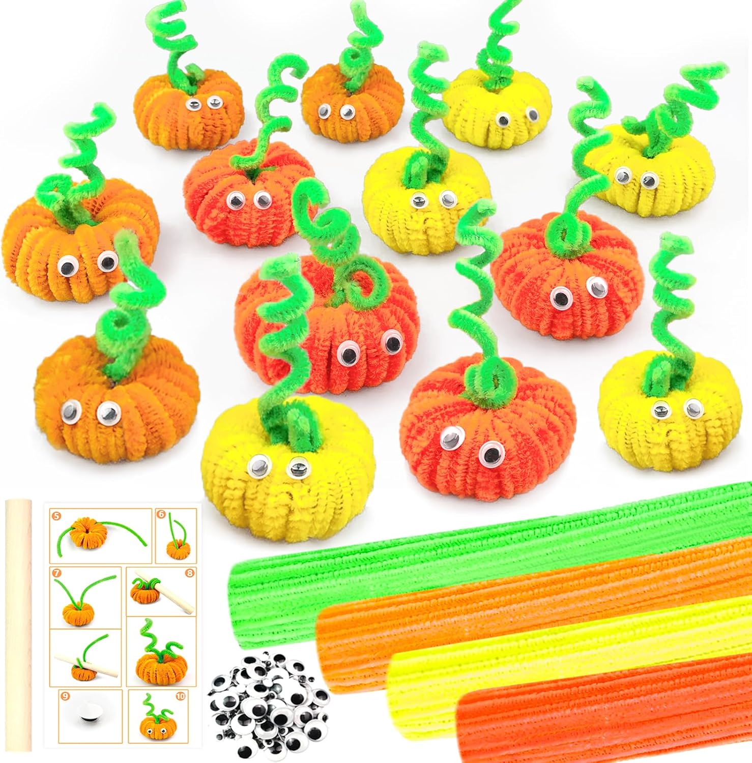 Pipe Cleaners DIY Pumpkin Decoration Halloween Crafts for Kids 200Pcs 4 Assorted Pipe Cleaners Craft Pumpkins Decorating Kit Chenille Stems Eyes Halloween Thanksgiving Fall Decor Gifts Toys for Kids