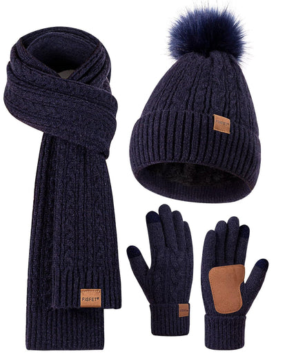 Winter Beanie Hat Scarf Gloves Set for Women, Pom Pom Beanie Fleece Lined Knit Neck Warmer Touchscreen Gloves 3 in 1 Gift Set