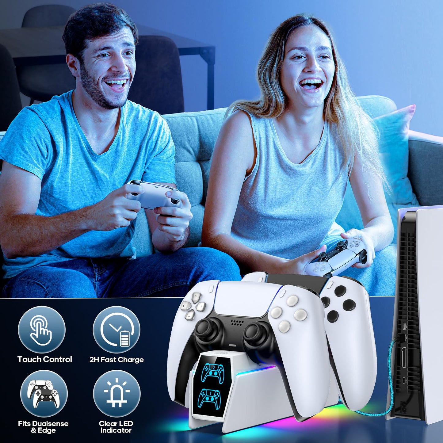 PS 5 Controller Charger Station Compatible with PlayStation 5 Faceplates Edge & Dual Controller, 9 Lightings PS 5 Accessories Charging Station, PS 5 Dock Stand with LED Indicator & On-Off Switch