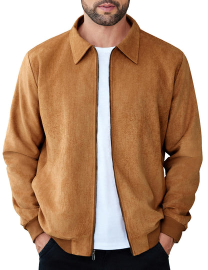 COOFANDY Men's Casual Suede Bomber Jacket Lightweight Full Zip Up Jackets Vintage Faux Leather Jacket