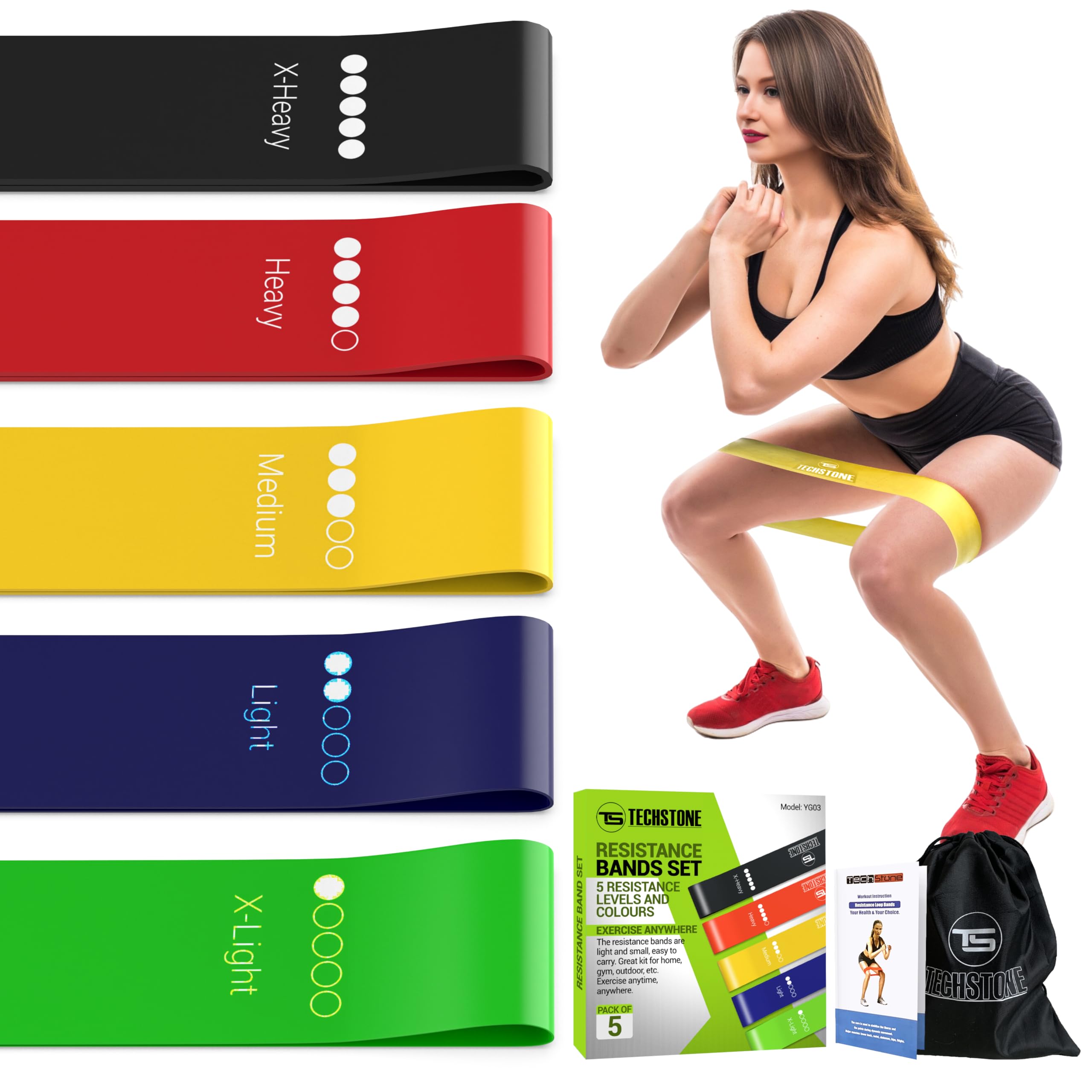 TechStone Resistance Bands Set for Men and Women, Pack of 5 Different Levels Elastic Band for Home Gym Long Exercise Workout – Great Fitness Equipment for Training, Yoga – Free Carrying Bag
