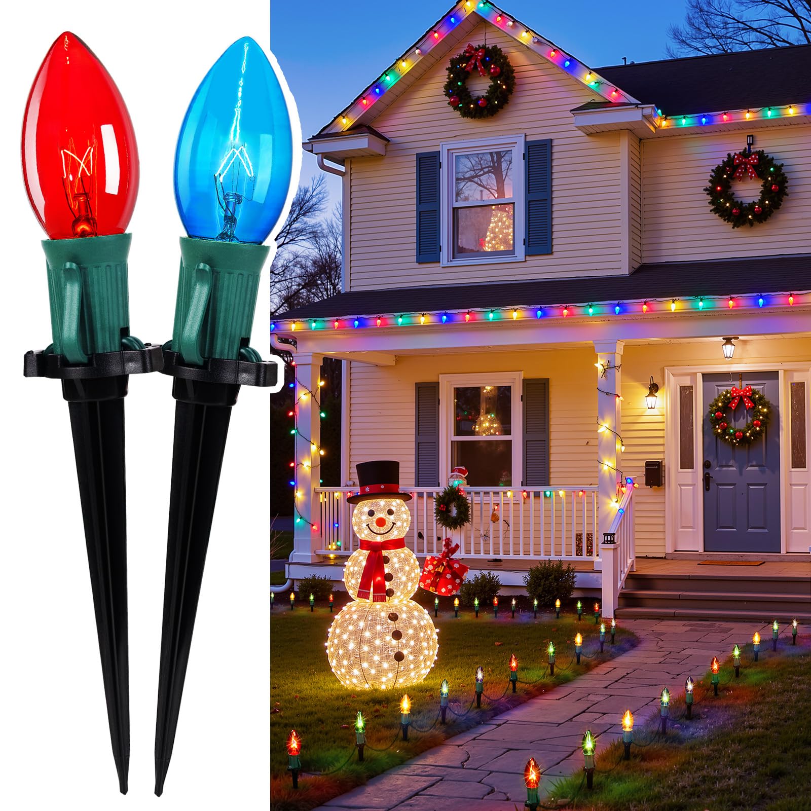 Christmas Pathway Lights Outdoor, 25.7 Feet C9 Lights with 20 Multicolor Bulbs and Stakes, Connectable Outdoor Christmas Decorations Outside Yard Walkway Sidewalk Holiday