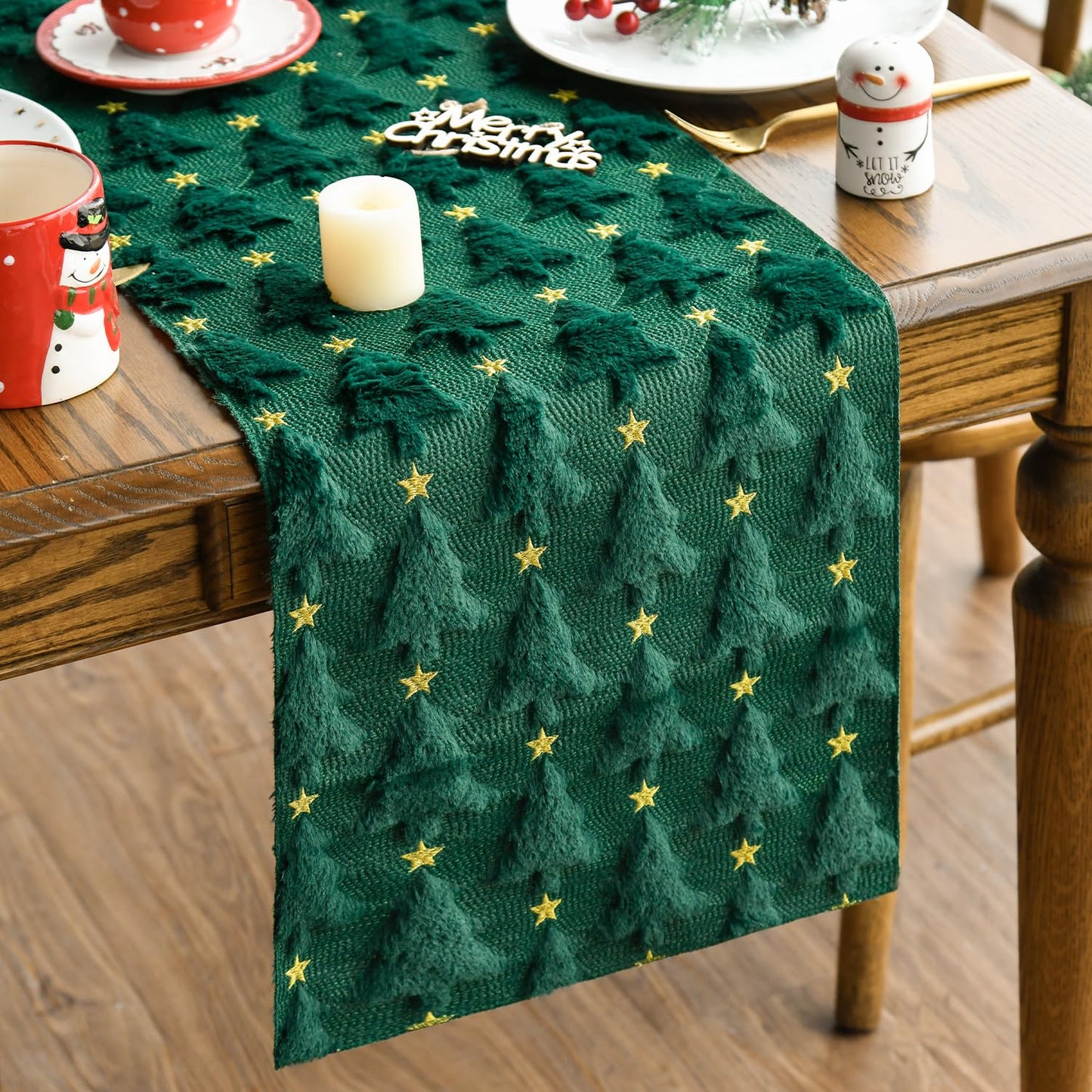 Artoid Mode Christmas Trees Green Soft Plush Faux Fur Jacquard Christmas Table Runner, Holiday Kitchen Dining Table Decoration for Home Party Decor 13x72 Inch