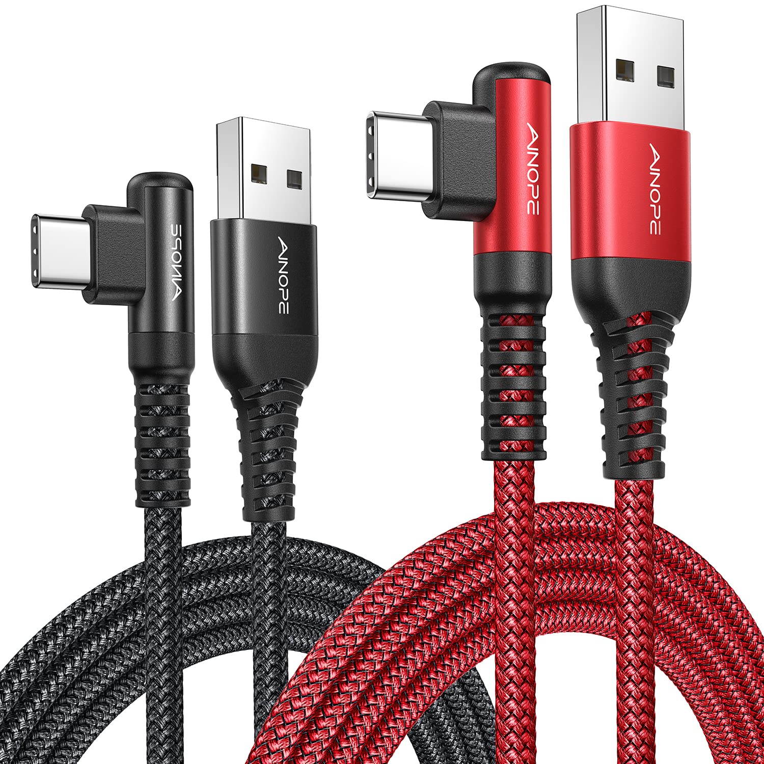 AINOPE USB C Cable [2-Pack, 6.6ft] 3.1A Type C Charger Fast Charging, Right Angle USB to USB C Cable Braided USBC Charger for Galaxy S10+ S10 S9, Note 10 9, LG V30, Moto, iPhone 16 15 Cord Type C