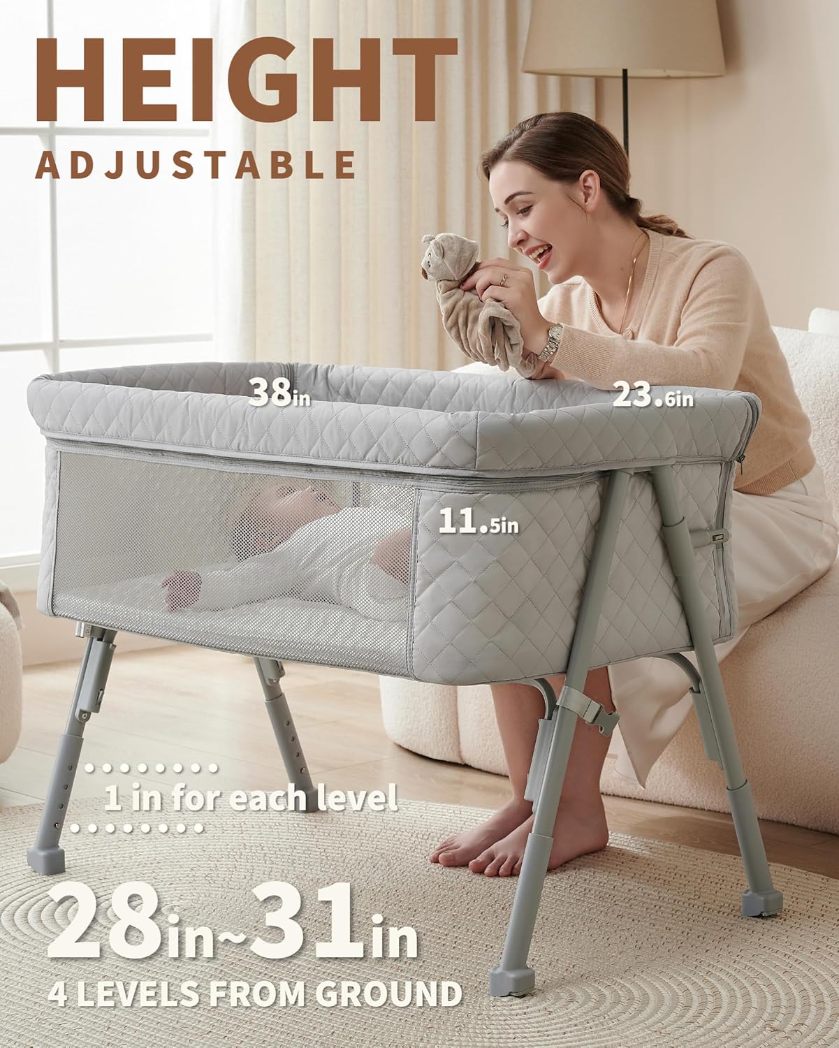AirClub Bassinet Bedside Sleeper, Baby Crib for Newborn, Baby Bassinets Bedside Sleeper with 4 Auto-Lock & Adjustable Height, Breathable Mesh & Mattress, Bedside Bassinet
