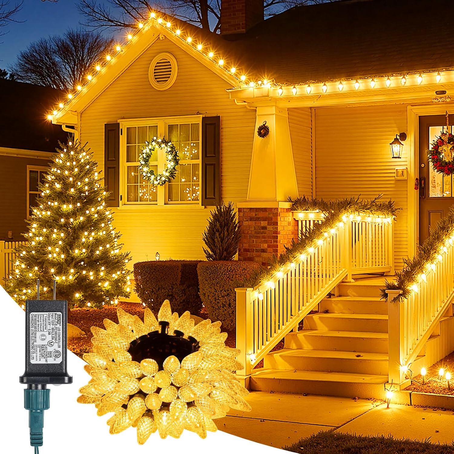 C9-Christmas-Lights-Outdoor,85FT 110LED String Lights with 8 Lighting Mode,Waterproof Connectable UL Certified Warm White C9-Led-Christmas-Light-Decorations for House Yard Patio Roof Garden Decor