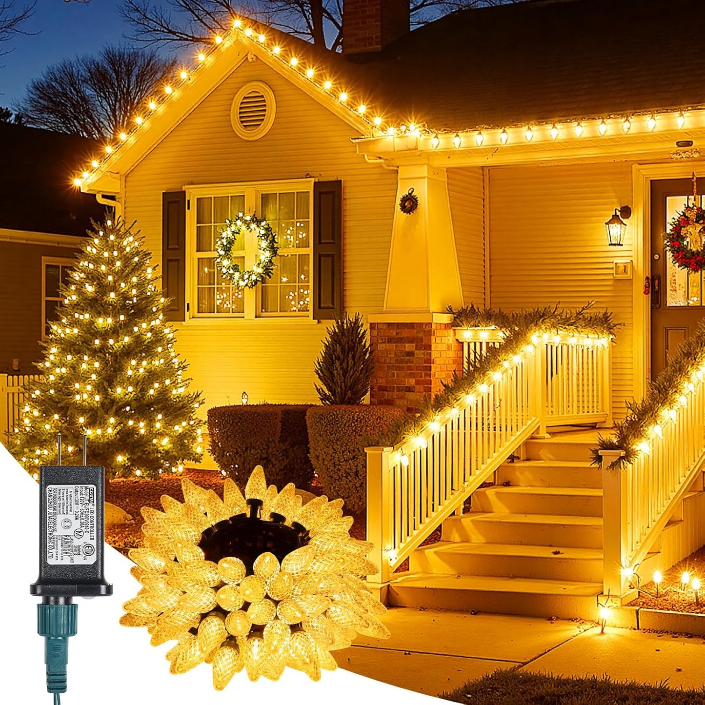 C9-Christmas-Lights-Outdoor,85FT 110LED String Lights with 8 Lighting Mode,Waterproof Connectable UL Certified Warm White C9-Led-Christmas-Light-Decorations for House Yard Patio Roof Garden Decor