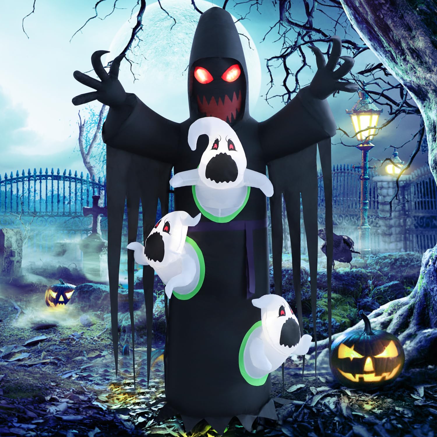 8ft Bat Pumpkin Row Stand Halloween Inflatable Outdoor Decoration, Yard Decorations with LED Lights for Outdoor Lawn, Garden, Home Holiday Party