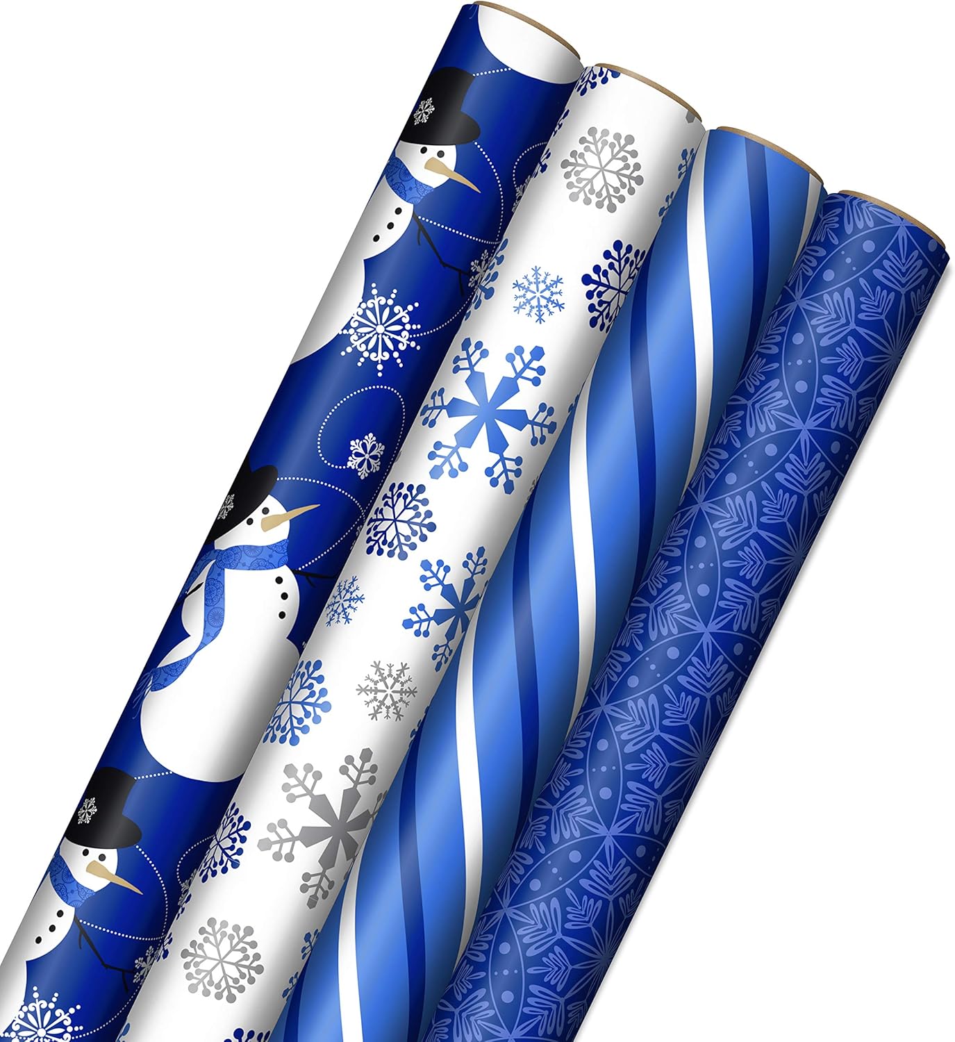 Image Arts Blue Christmas Wrapping Paper with Cut Lines on Reverse (4 Rolls: 120 sq. ft. ttl) Snowmen, Snowflakes, Blue and White Stripes
