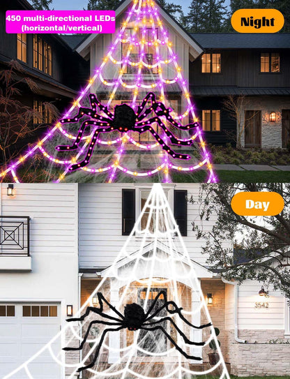 Spider Webs Halloween Decor Lights - 450 LEDs Outdoor Halloween String Lights with 60" Light Up Spider,8 Modes Remote Control 16.4Ft Spiderweb,Waterproof (New Orange-Purple Grid Luminous Net)