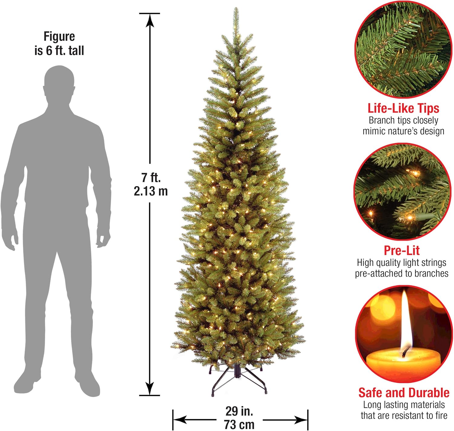 National Tree Company 7 ft Pre-Lit Kingswood Fir Slim Artificial Christmas Tree, 300 Clear Lights, 892 Tips, Includes Stand, Green
