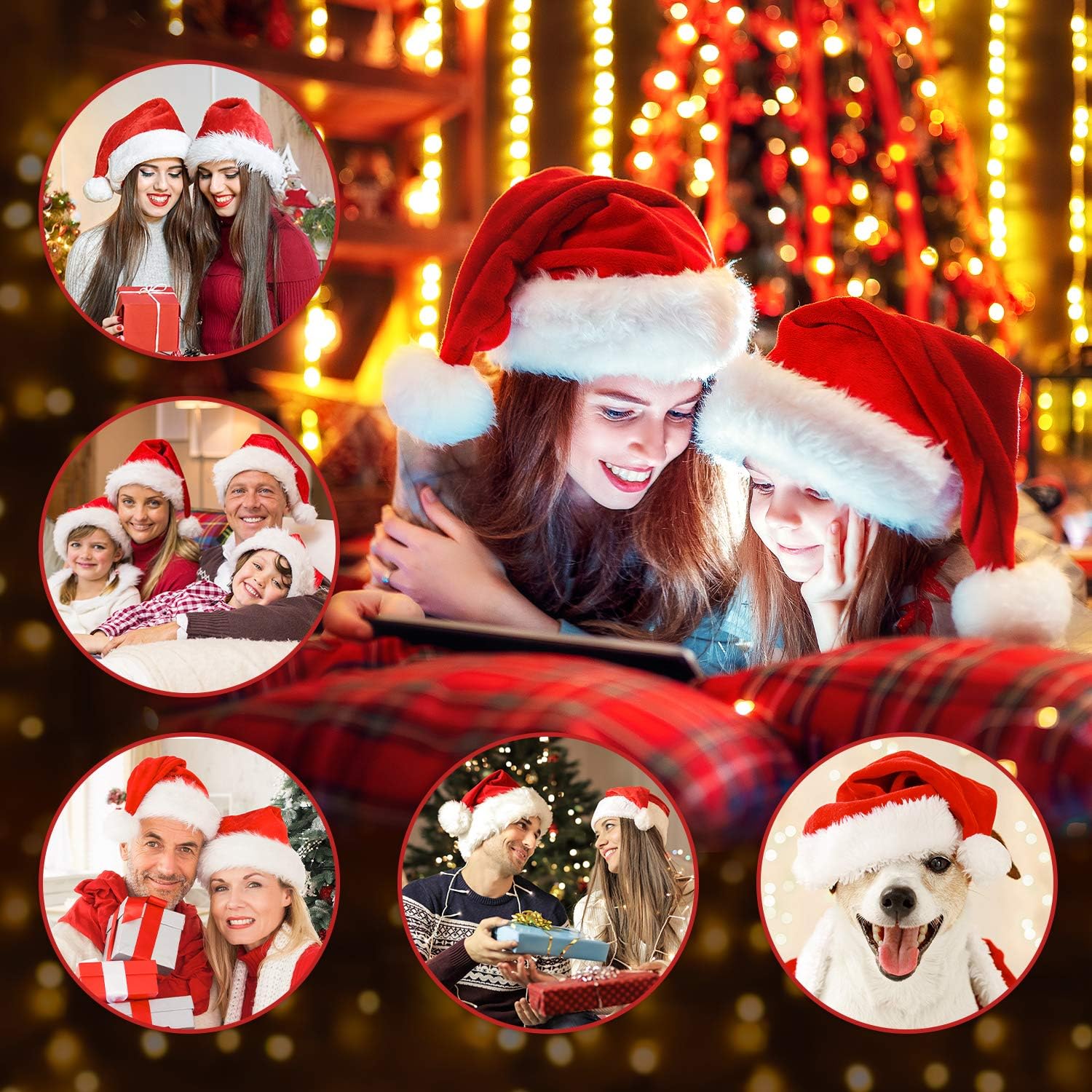 RJVW Christmas Santa Hat for Adults, Thicken Soft Velvet Comfort Classic Santa Claus Hat for New Year Party Headwear Holiday