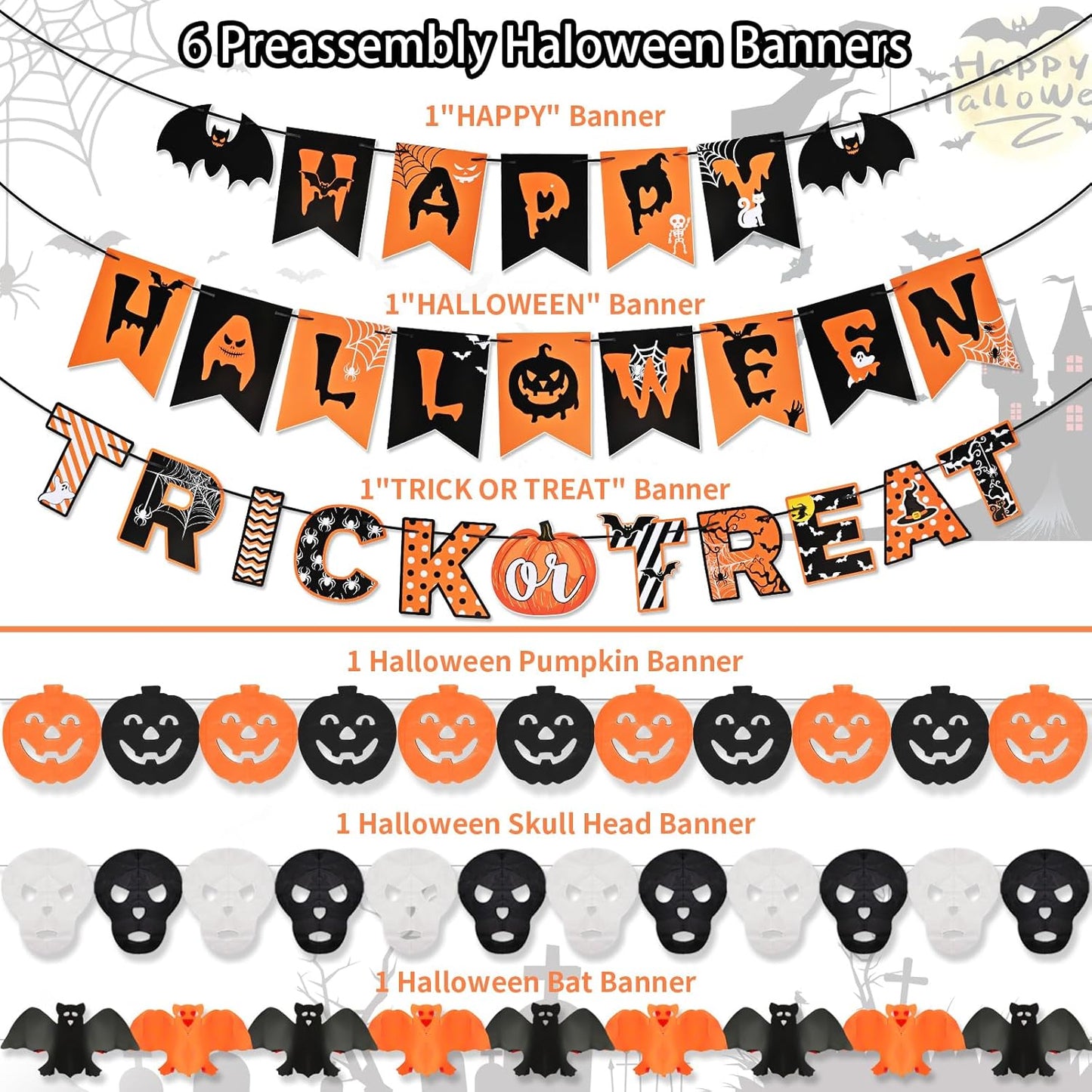 AhfuLife Halloween Party Decorations Set, Reusable Halloween Indoor Decorations Kit Including HAPPY HALLOWEEN Paper Banner for Home Decor, Trick or Treat Sign, Pumpkin Bat Hanging Swirl