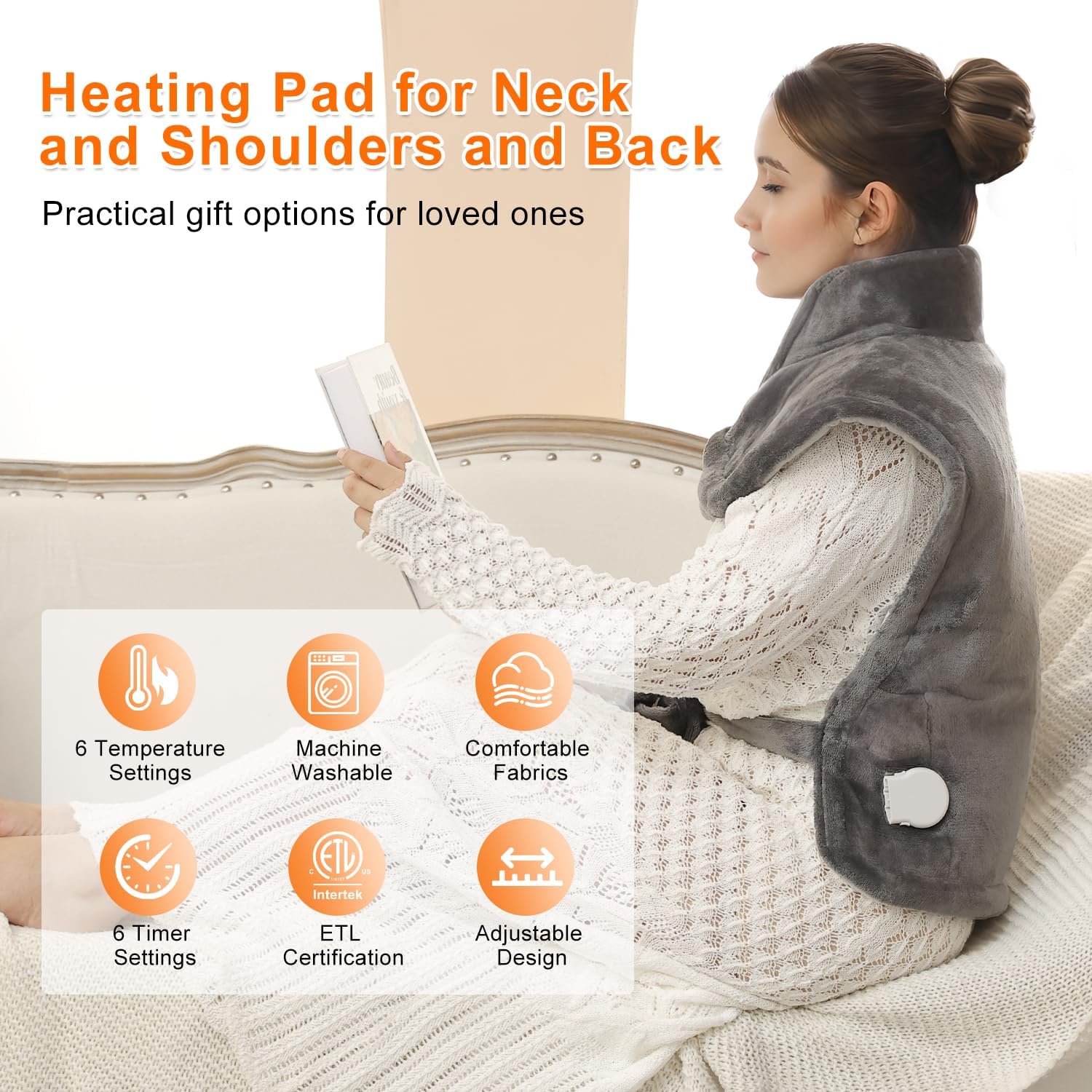 Heating Pad for Back Pain Relief Weighted Heating Pad for Neck and Shoulder Cramps 6 Heat Settings 6 Timers Auto Off Birthday Gifts for Women Men Mom Dad ETL Certified Gray