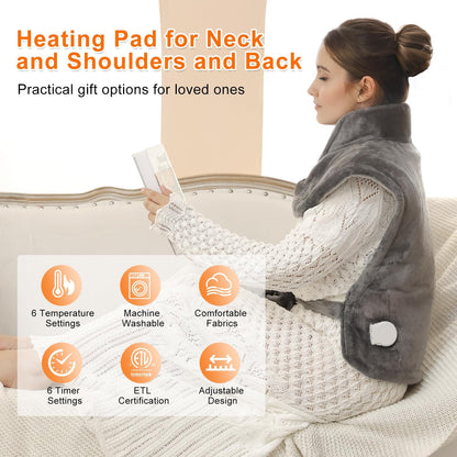 Heating Pad for Back Pain Relief Weighted Heating Pad for Neck and Shoulder Cramps 6 Heat Settings 6 Timers Auto Off Birthday Gifts for Women Men Mom Dad ETL Certified Gray