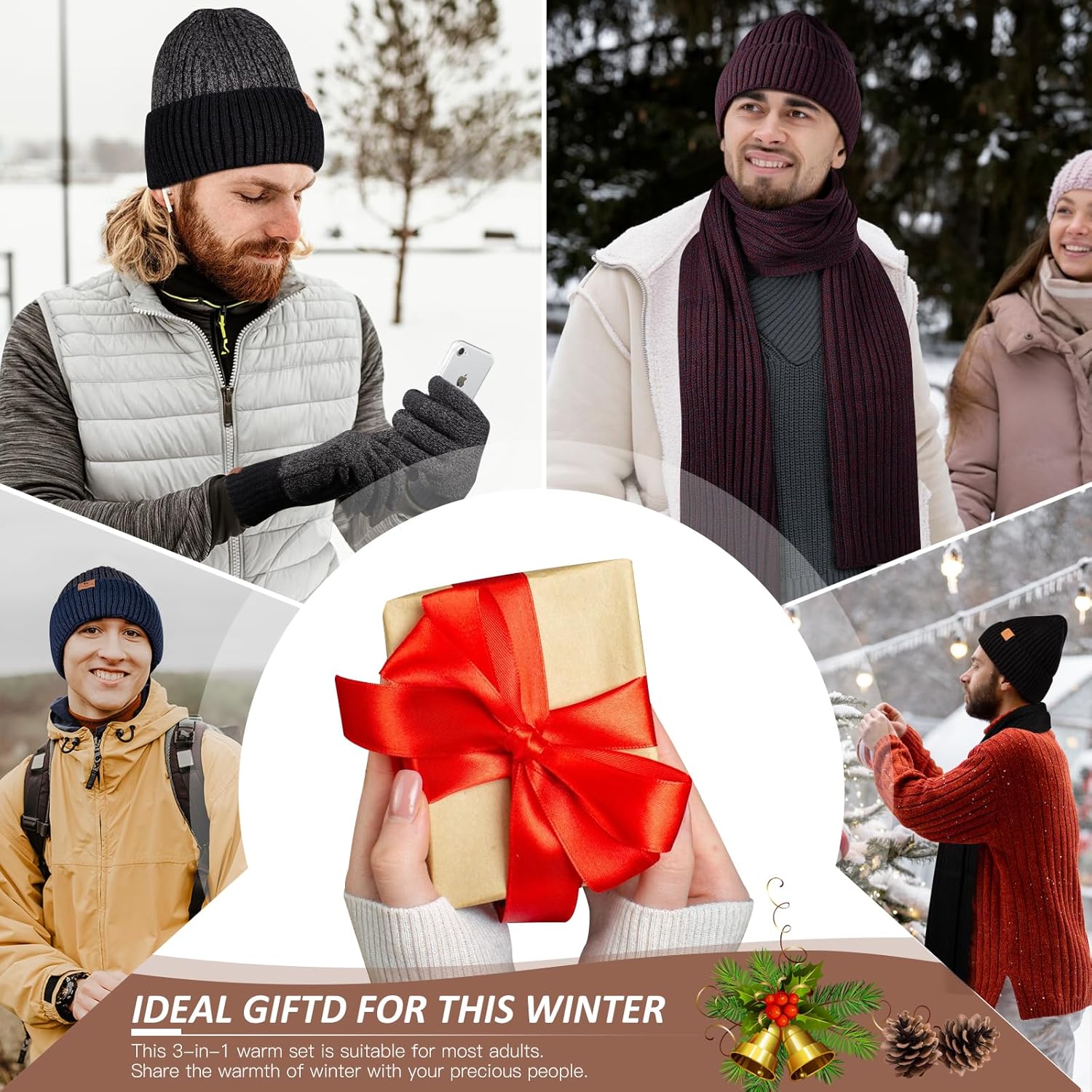 Men Women Winter Beanie Hats Scarf with Touchscreen Gloves Warm Knit Themal Gloves Long Scarf Set with Fleece Lined