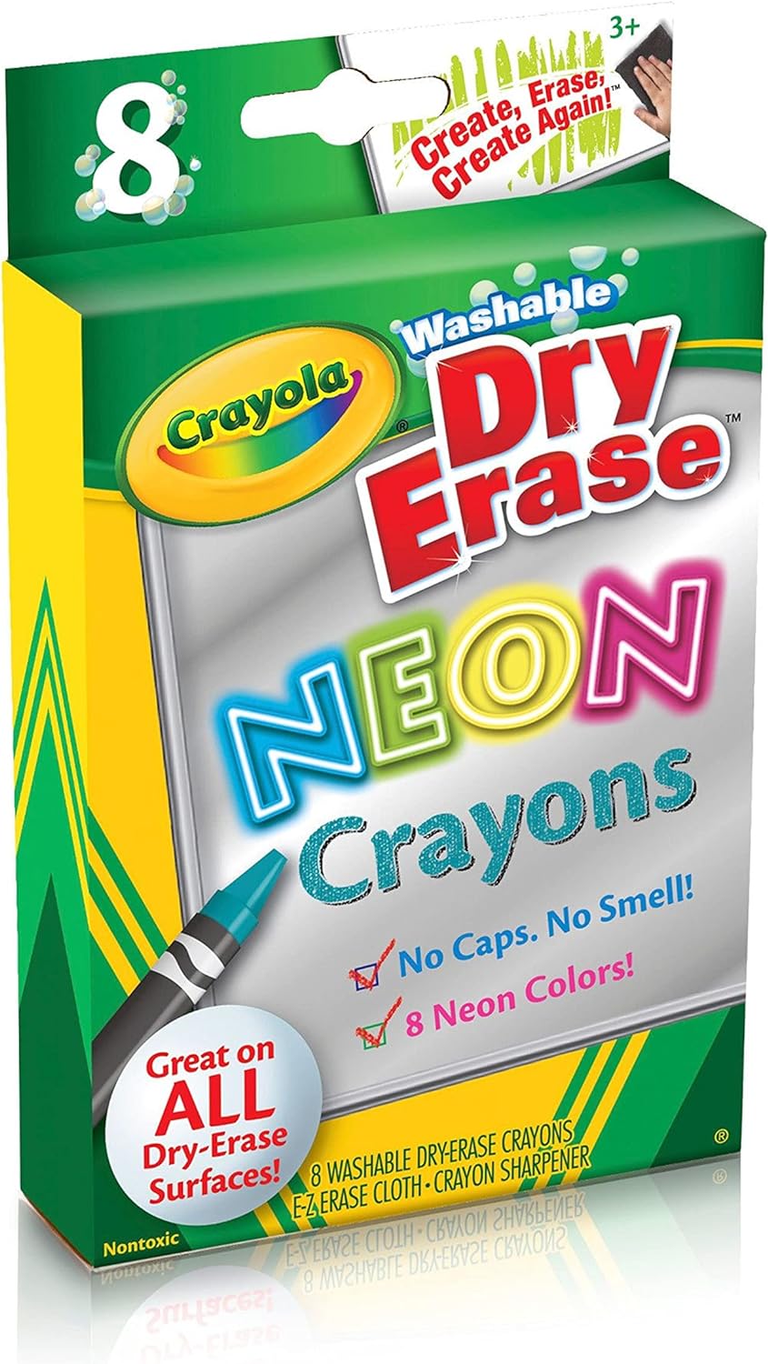 Crayola, Dry-Erase Neon Crayons, Art Tools, 8 Count, Washable, Perfect for Classroom Art Activities, Includes Sharpener and Erase Cloth