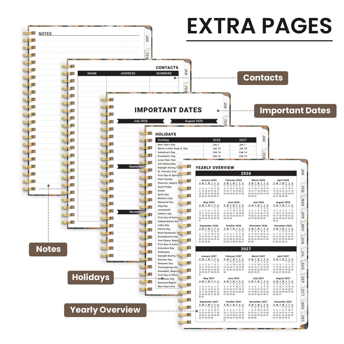 Hardcover 2026 Planner, Weekly and Monthly Calendar, Jan - Dec 2026 Planner Book with Tabs for Women, Inner Pocket, Spiral Bound, Perfect for Office/Home/School Supplies, Petals, A5, 6.3" x 8.5"