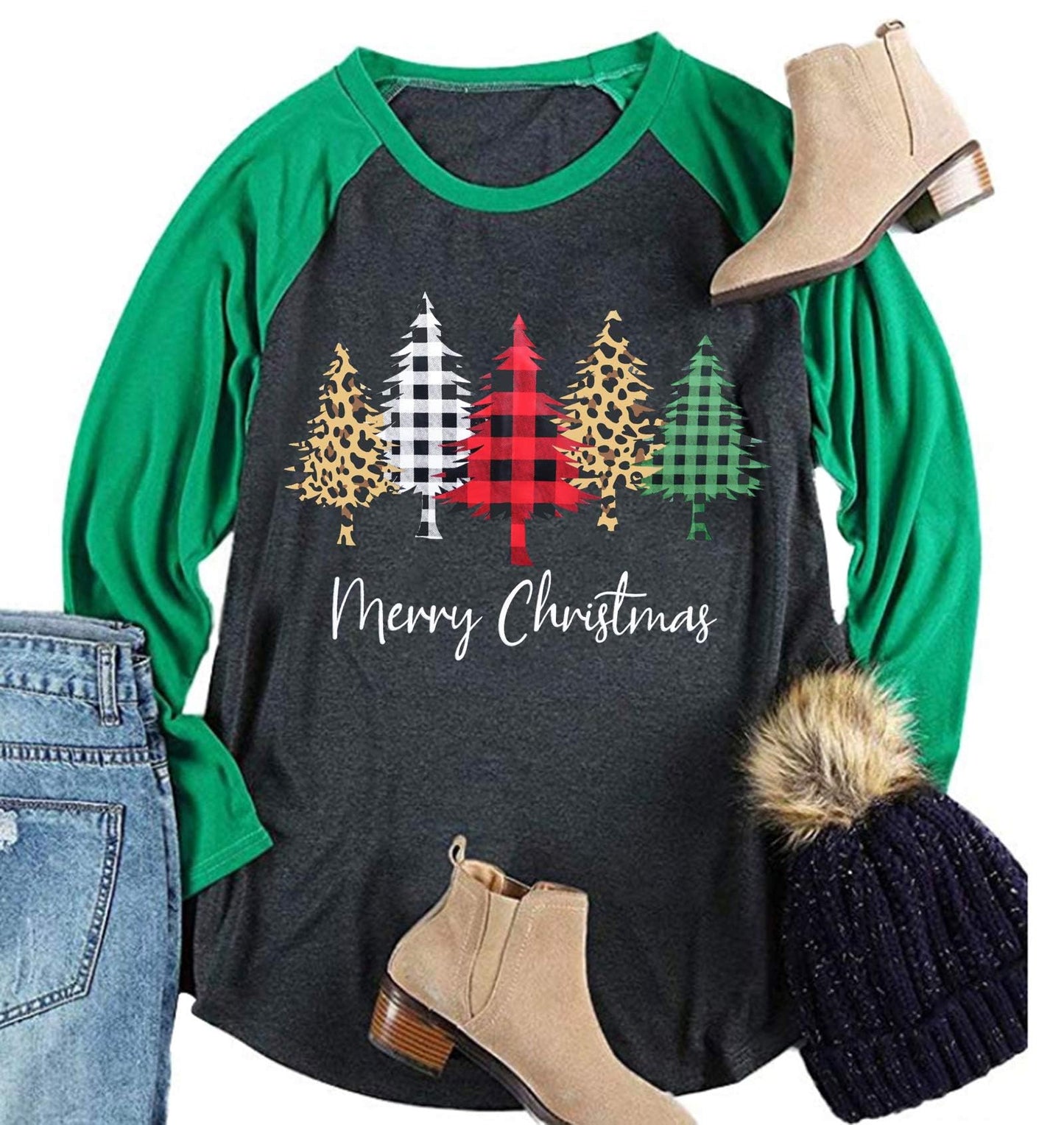 Plus Size Christmas T Shirt Women Xmas Leopard Plaid Trees Print Tees Casual Long Sleeve Holiday Shirts Top