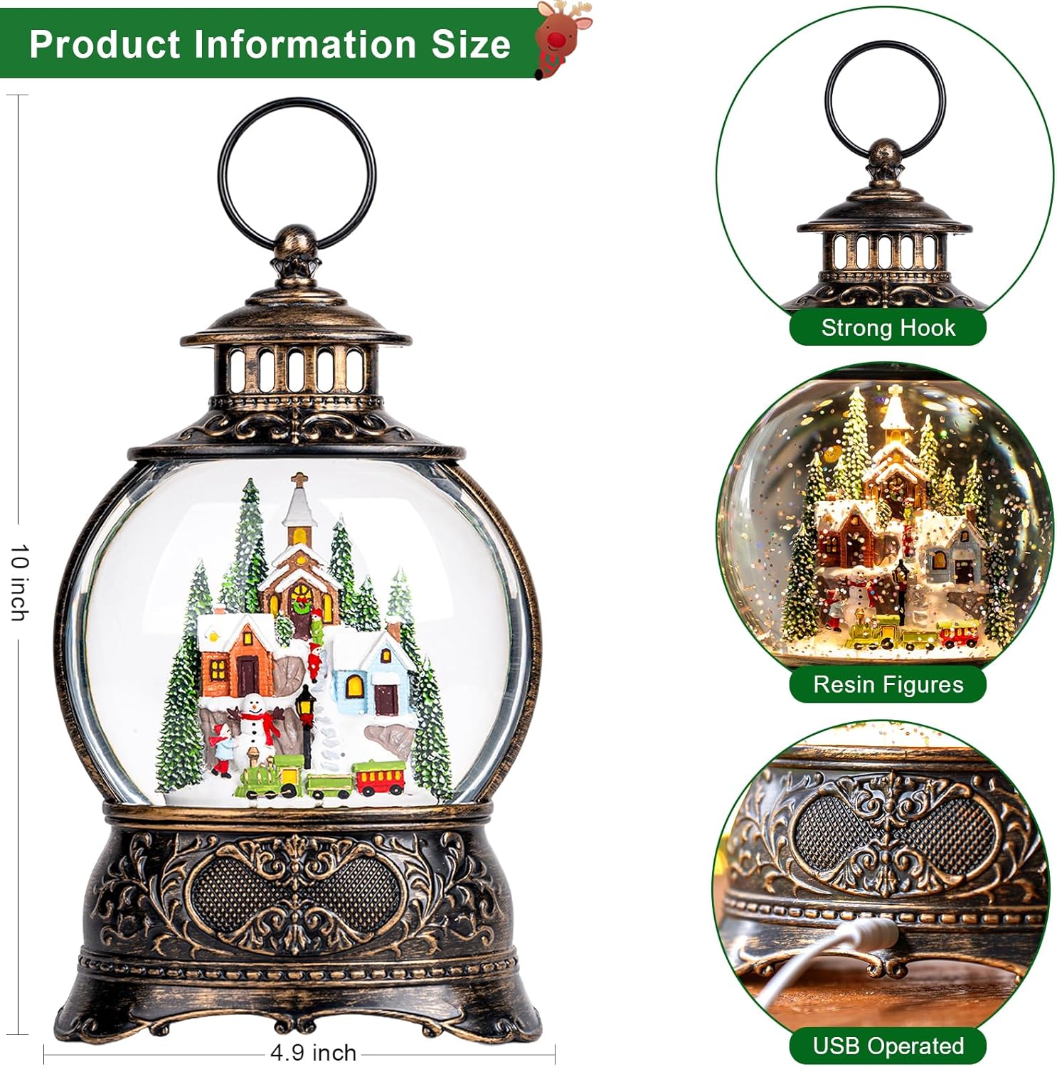 Christmas Snow Globes Christmas Water Lantern with Snowy Train Snowman, Music & 6H Timer, USB Lined/Battery Operated Lighted Lanterns for Xmas Festival Decoration Gifts