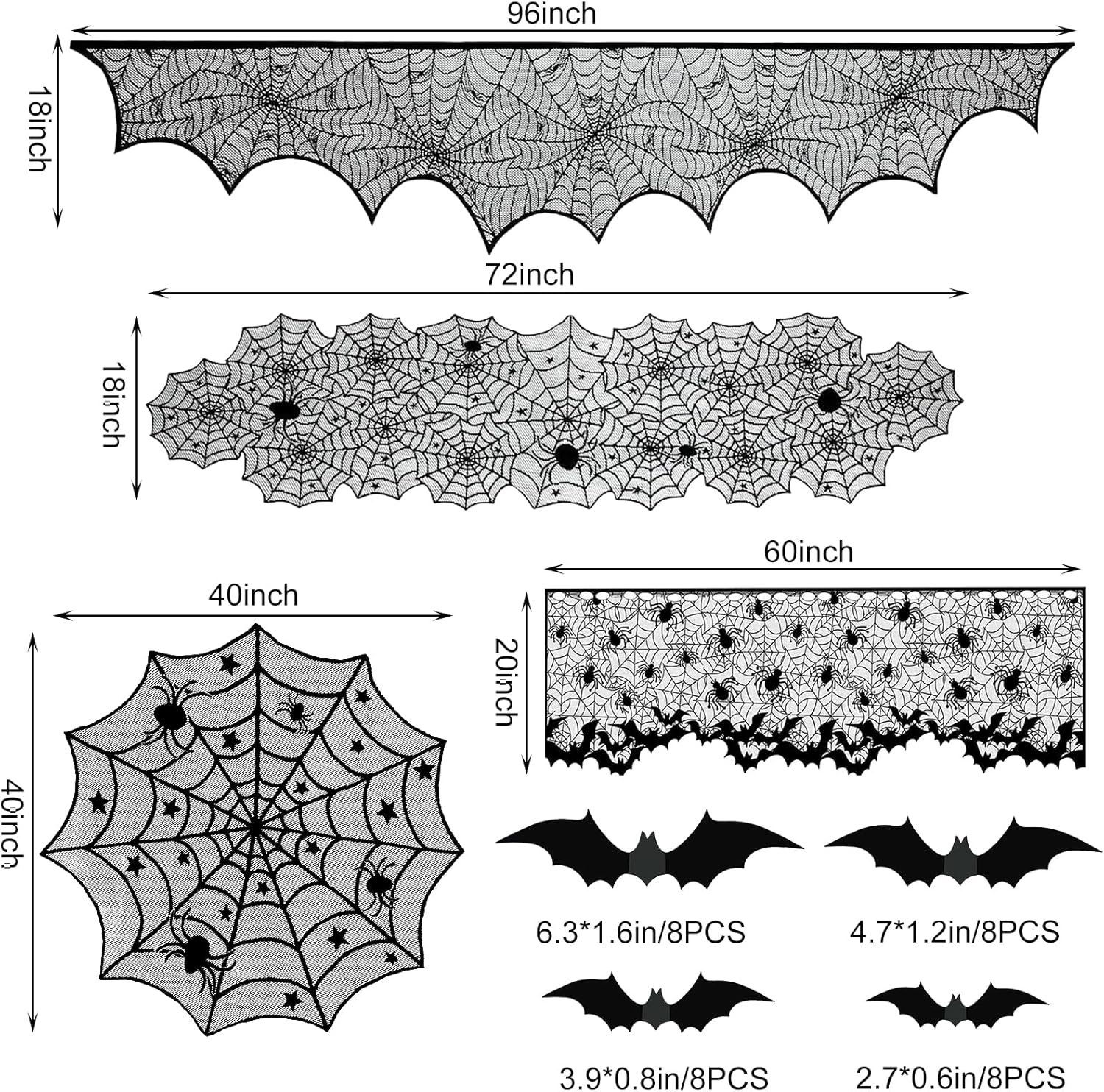 5Pack Halloween Decorations Indoor Halloween Decor Black Lace Table Runner Fireplace Mantel Scarf Round Tablecloth Cobweb Lampshade with 32 Pcs 3D Bat Wall Stickers