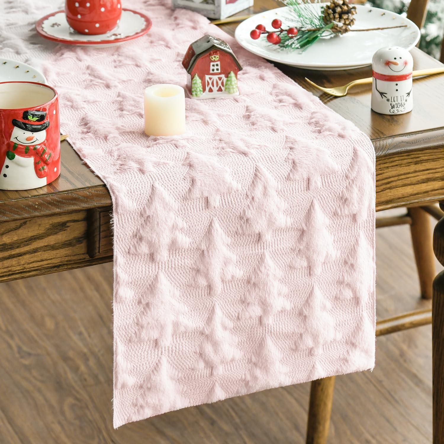 Artoid Mode Christmas Trees Green Soft Plush Faux Fur Jacquard Christmas Table Runner, Holiday Kitchen Dining Table Decoration for Home Party Decor 13x72 Inch