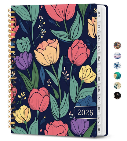 Hardcover 2026 Planner, Weekly and Monthly Calendar, Jan - Dec 2026 Planner Book with Tabs for Women, Inner Pocket, Spiral Bound, Perfect for Office/Home/School Supplies, Petals, A5, 6.3" x 8.5"