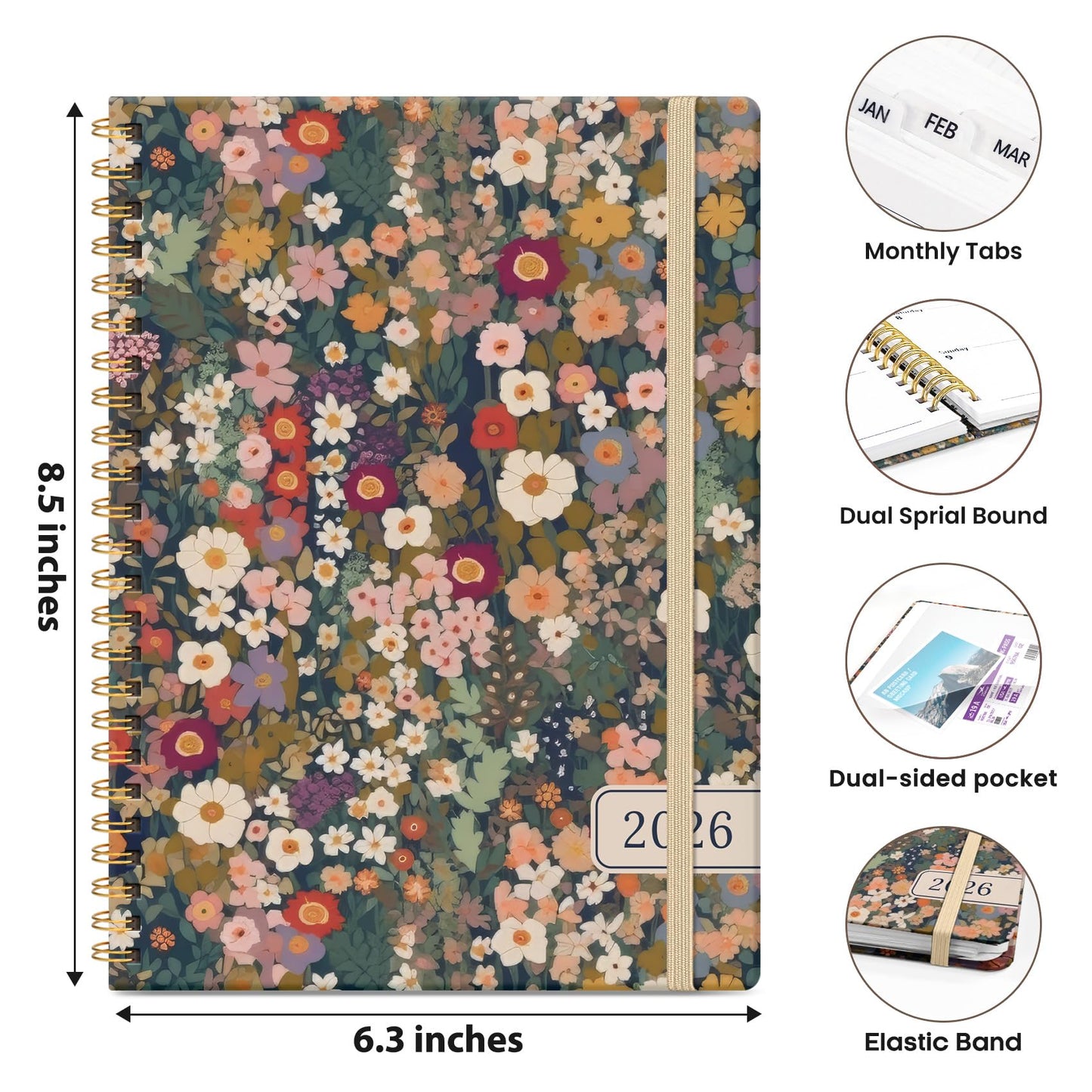 Hardcover 2026 Planner, Weekly and Monthly Calendar, Jan - Dec 2026 Planner Book with Tabs for Women, Inner Pocket, Spiral Bound, Perfect for Office/Home/School Supplies, Petals, A5, 6.3" x 8.5"