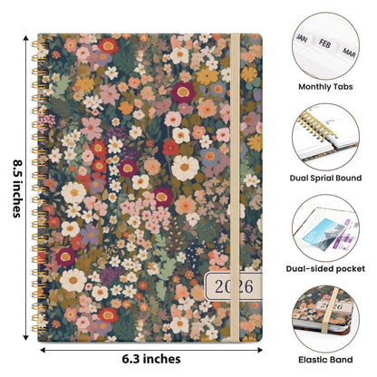 Hardcover 2026 Planner, Weekly and Monthly Calendar, Jan - Dec 2026 Planner Book with Tabs for Women, Inner Pocket, Spiral Bound, Perfect for Office/Home/School Supplies, Petals, A5, 6.3" x 8.5"