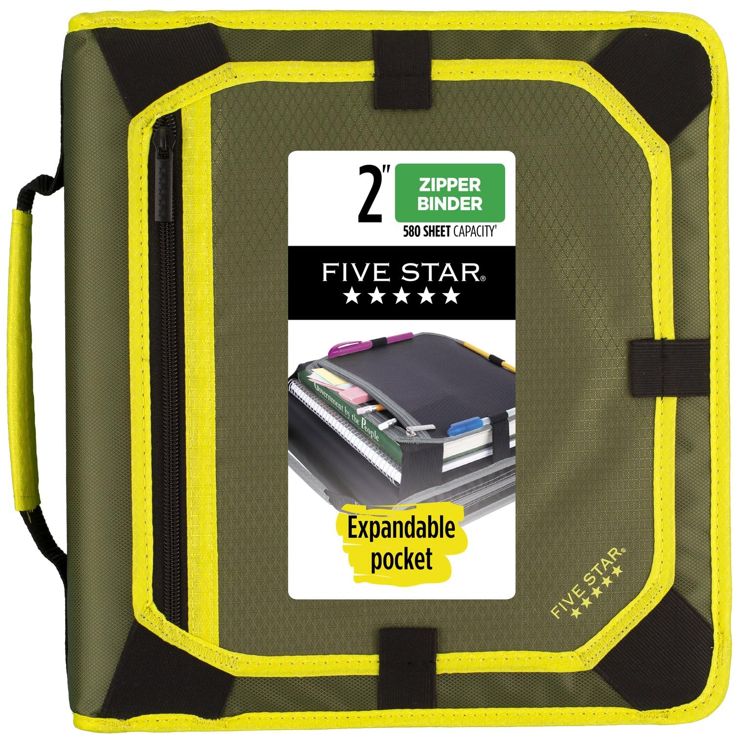 Five Star Zipper Binder, 2 Inch 3-Ring Binder with Round Rings, Expansion Panel and 5-Tab Expanding File, 580 Sheet Capacity, Black/Gray (29052IT8)