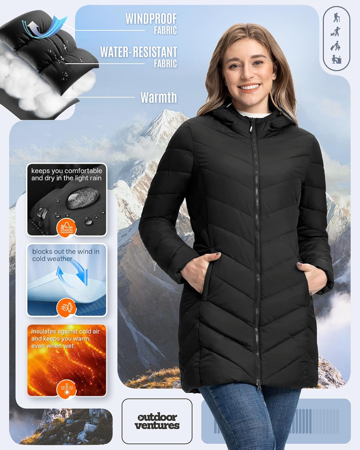 Outdoor Ventures Women's Long Hooded Lightweight Puffer Coat Quilted Insulated Winter Jacket