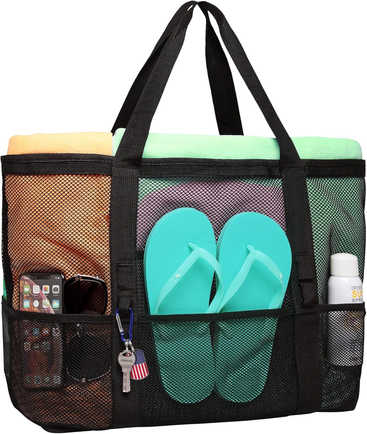 F-color Mesh Beach Bag Family - 9 Pockets Large Beach Tote for Cruise Vacation Essentials