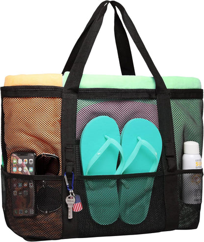 F-color Mesh Beach Bag Family - 9 Pockets Large Beach Tote for Cruise Vacation Essentials