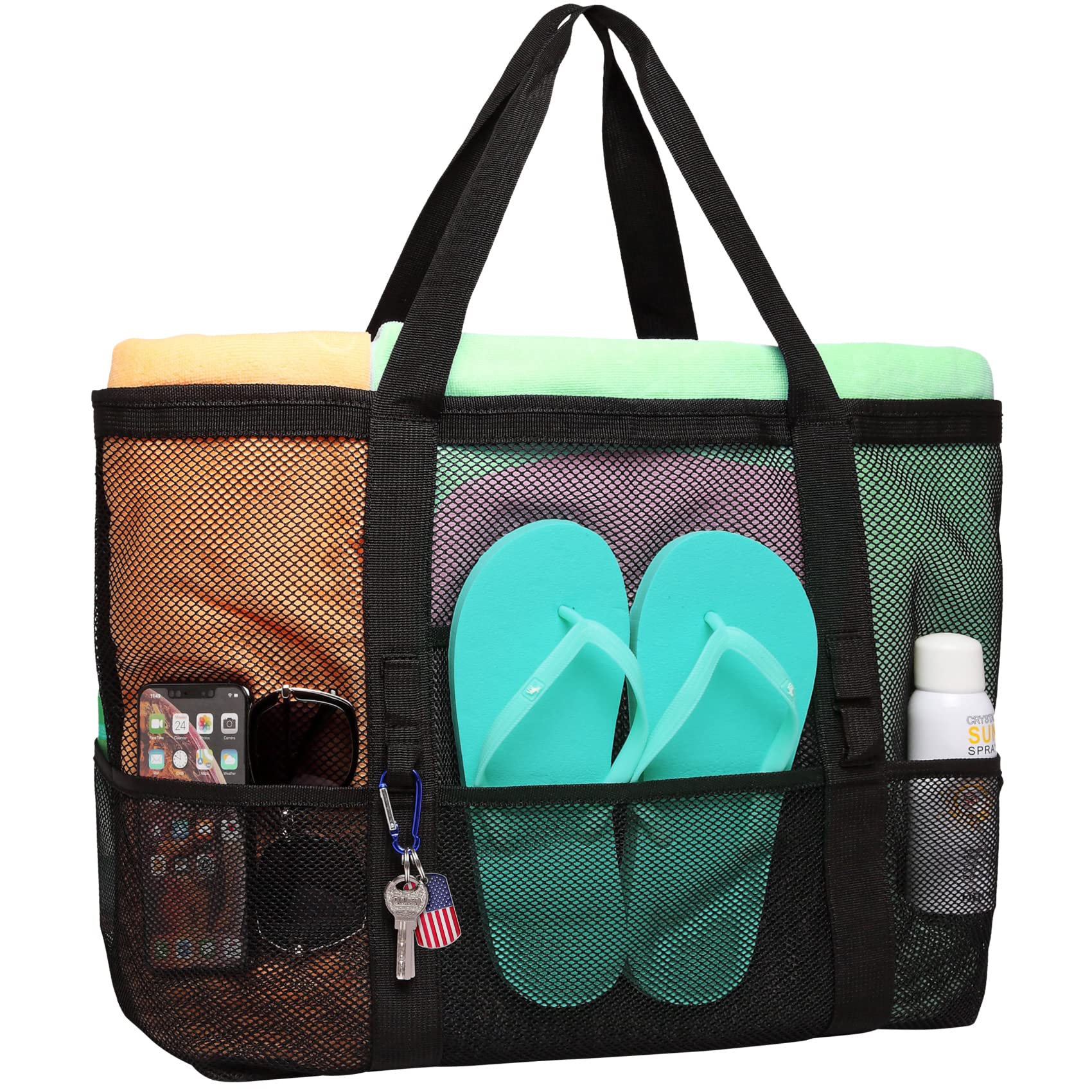 F-color Mesh Beach Bag Family - 9 Pockets Large Beach Tote for Cruise Vacation Essentials