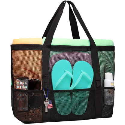 F-color Mesh Beach Bag Family - 9 Pockets Large Beach Tote for Cruise Vacation Essentials