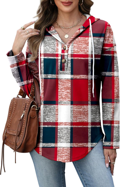 RUMIA Womens Tops V Neck Button Sweatshirt for Women Pullover Long SLeeve Shirts Fall Outfits 2025 Loose Fit S-3XL