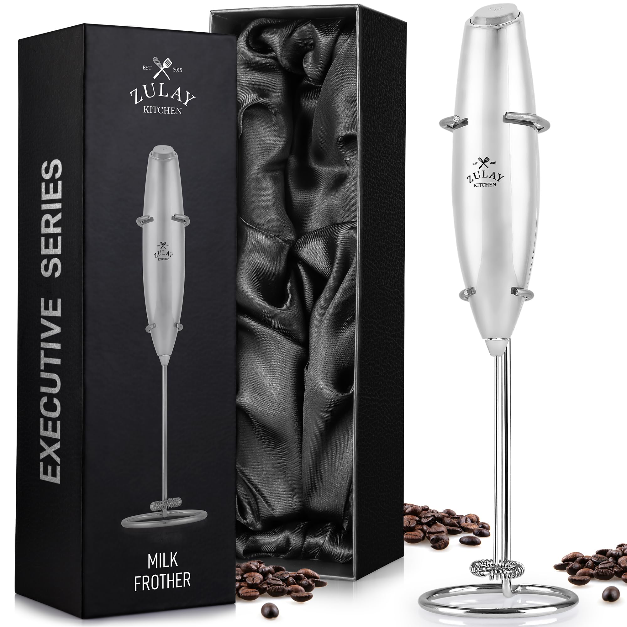 Zulay Kitchen Powerful Milk Frother Wand With 2 Duracell Batteries - Ultra Fast Handheld Drink Mixer - Electric Whisk Foam Maker for Coffee, Lattes, Cappuccino, Matcha, Hot Chocolate & Creamer - Black