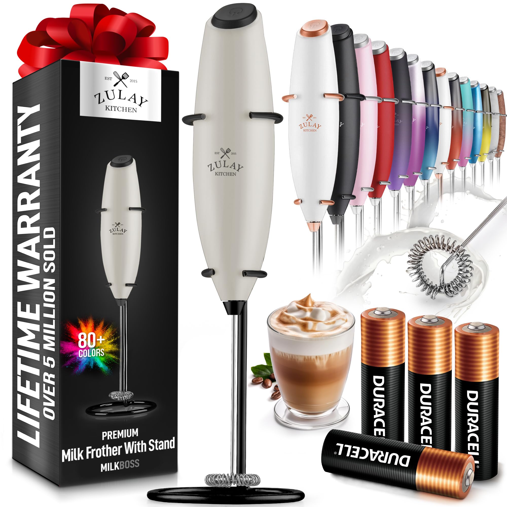 Zulay Kitchen Powerful Milk Frother Wand With 2 Duracell Batteries - Ultra Fast Handheld Drink Mixer - Electric Whisk Foam Maker for Coffee, Lattes, Cappuccino, Matcha, Hot Chocolate & Creamer - Black
