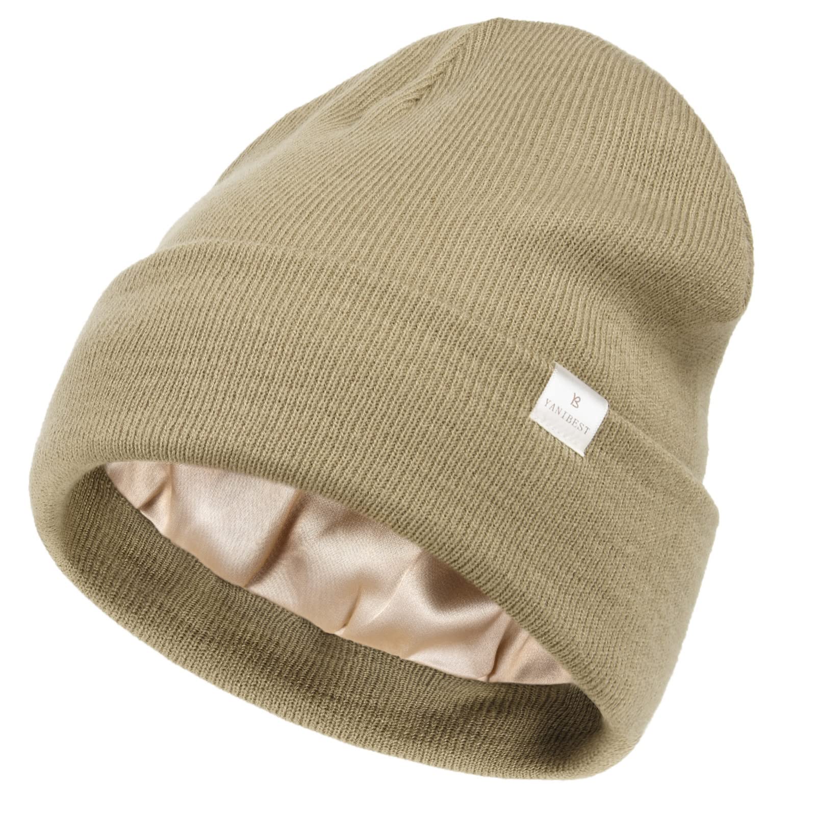 YANIBEST Womens Satin Lined Knit Beanie Hat Acrylic Winter Hats for Women Men Silk Lining Soft Slouchy Warm Cuffed Beanie Hat