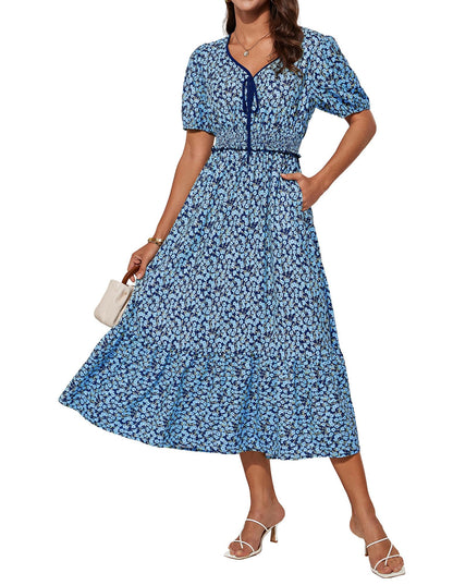 GRACE KARIN 2025 Women's Summer Floral Flowy A Line Midi Dresses Elegant Short Sleeve Smocked V-Neck Tiered Dresses